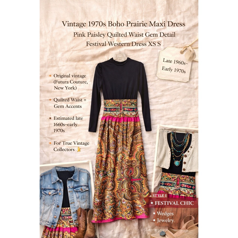 Vintage 1960s  70s Boho Prairie Maxi Dress Pink Paisley Quilted Waist XS S